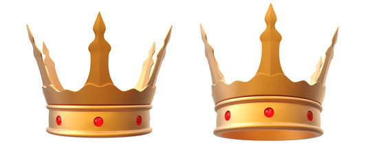 Golden crown with ruby stones in two positions on white background