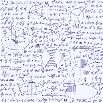 Science vector seamless pattern with equations, formulas, plots, figures, mathematical calculations, "handwritten on a copybook paper"