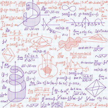 Mathematical vector seamless pattern with formulas, plots and equations, "blue and red pen written calculations"