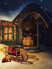 Baśniowa chatka i sanie z prezentami w zimowej scenerii nocą