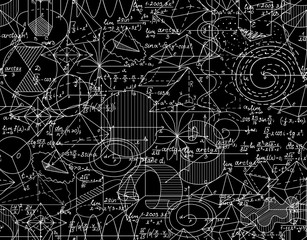 Math vector endless texture with shuffled mathematical calculations, formulas, figures
