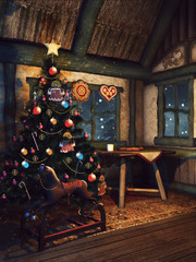 Choinka i drewniany koń bujany w baśniowej chatce © Obsidian Fantasy