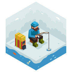 Ice Fishing Winter Activity Vacation Icon Flat Design Isometric 3d Vector Illustration