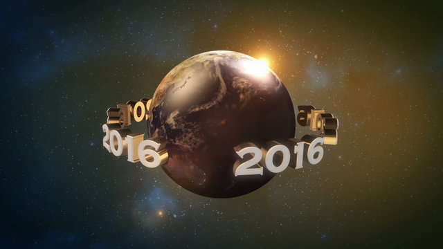 2016 - Happy New Year world in space with sunrise