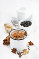 Masala tea and ingredients, vertical