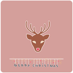 Minimalistic  flat design Merry Christmas e-card with cartoon reindeer head and christmas balls / bauble / ornaments ,isolated