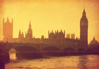 Zelfklevend Fotobehang  Buildings of Parliament with Big Ben tower. London,  UK. Added  paper texture. © Antonel