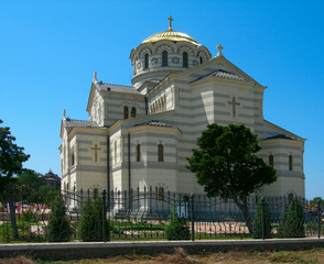 Fototapeta na wymiar View of Vladimir Cathedral in Tauric Chersonesos, Sevastopol, Crimea, Russia