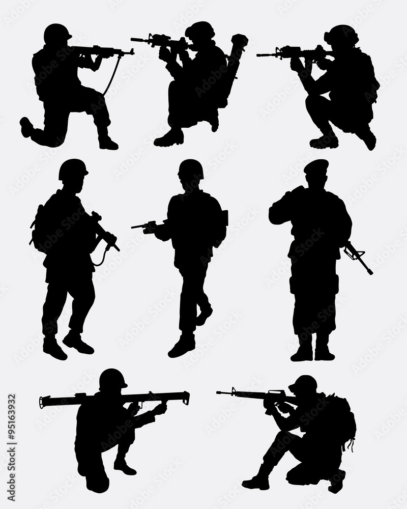 Sticker Army military training action silhouette. Good use for symbol, logo, web icon, mascot, game element, sticker, or any design you want. Easy to use. 