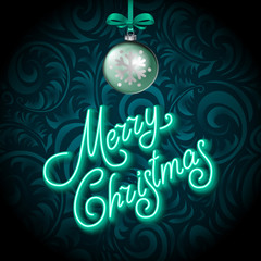 Merry Christmas Card with Neon Color and Bokeh Lighting Background