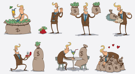 Vector Set of Crazy businessmen who love money. Cartoon image of a set of crazy businessmen in a brown suit who love money on a light background.