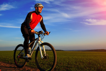 Naklejka premium young adult cyclist riding mountain bike in the countryside
