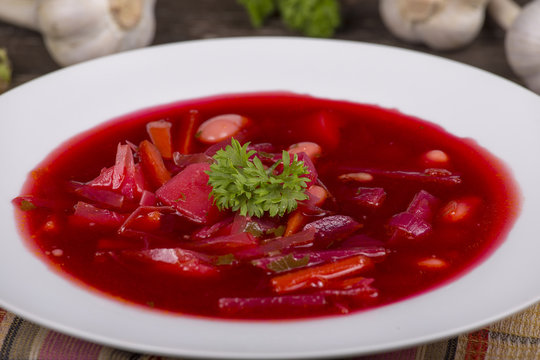 Red beet soup, borscht on the table