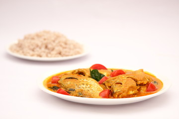 Steam Cooked rice with fish curry,Healthy diet