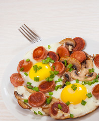 fried eggs with mushrooms and sausage