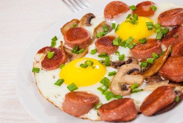 fried eggs with mushrooms and sausage