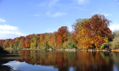 Fototapeta na wymiar Herbst an einem See mit Fischerhütten