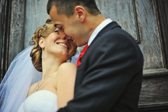 Close up portrait of wedding couple in love