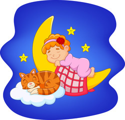 Cute little girl with cat sleeping on the moon