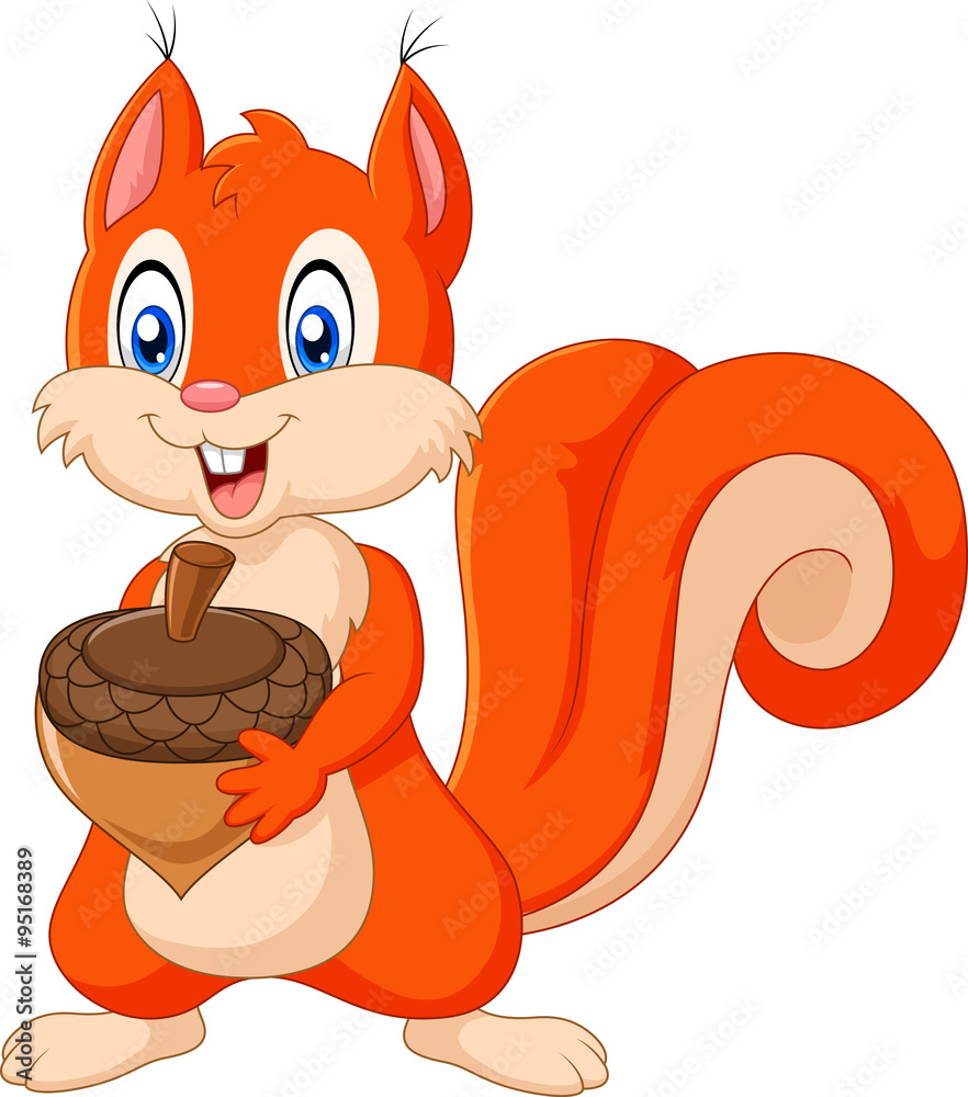 Wall mural Cartoon squirrel holding pinecone isolated on white background