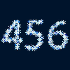 The numbers "four" "five" "six". Crafted of blue and white snowf