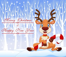 Cartoon funny baby bear holding Christmas candy with winter background