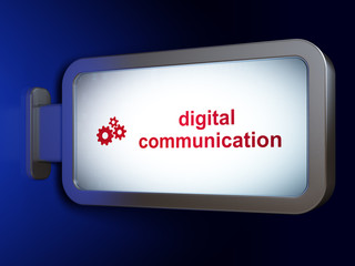 Information concept: Digital Communication and Gears on billboard background