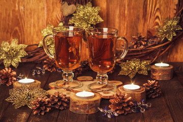 Christmas table with two glass of tea