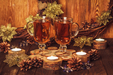 Christmas table with two glass of tea