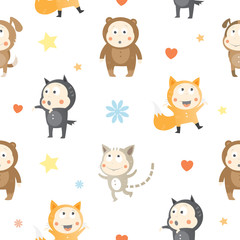 Vector seamless pattern with cartoon kids animals on white background.