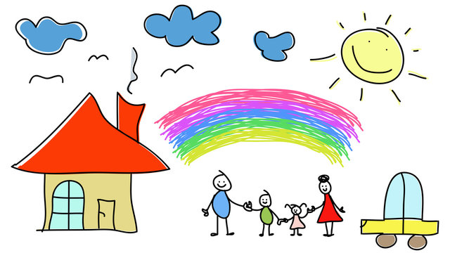 Kids drawing about a happy family with father, mother, daughter, son and their home.