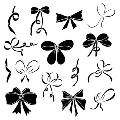 Set of silhouettes of bows and satin ribbons. Black.