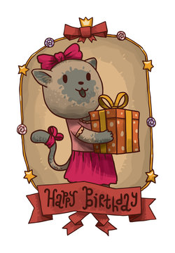 Vector cartoon image of a beige decorated frame with funny gray female cat in a pink dress and a pink bow on her head with orange gift tied with yellow ribbon in her paws on a light background.