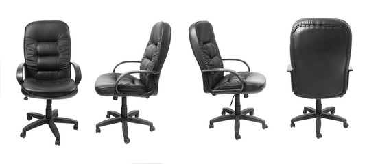 Different views of black office leather chair isolated on white background