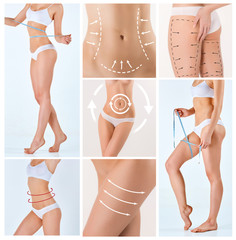 Collage of female body with the drawing arrows - obrazy, fototapety, plakaty
