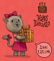 Vector invitation card with a brown chocolate cake on the top right with cartoon image of a funny gray female cat with gift on a pink candy background.