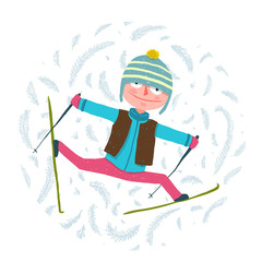 Funny Colorful Skier Exercising in Winter Clothes Cartoon 