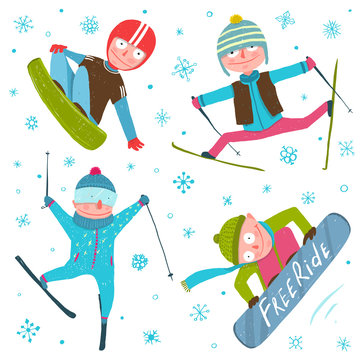 Skier Snowboarder Winter Sport Seasonal Collection with Snowflakes