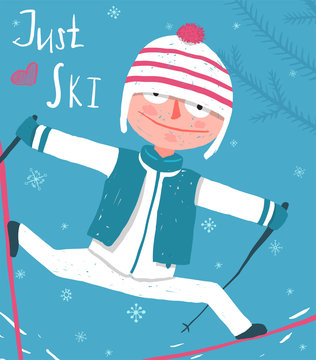 Cute Colorful Hand Drawn Winter Clothes Skier Funny Poster Design