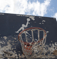 Fototapeta premium Jumpman logo by Nike on the old basketball backboard