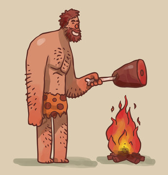 Vector Caveman cooking meat on fire. Cartoon image of the caveman with brown hair in leopard loincloth cooking a brown piece of meat  on an orange flames on a light background.