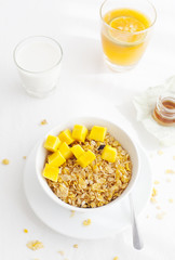 Healthy breakfast. Corn flakes, muesli, granola, with fresh orange juice