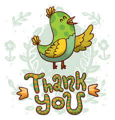 Vector cartoon image of a light blue-green birds with yellow wings, yellow crest and tail on a background of light gray leaves and flowers with the words 