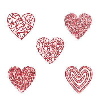 Vector Hand-drawn hearts, circles and triangles. Hand-drawn image of five red hearts symbol consisting of triangles, circles, braided lines, curls and snakes on a white background.