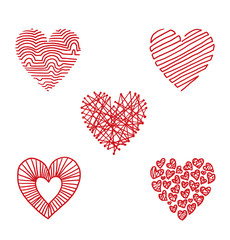 Vector Hand-drawn hearts, lines. Hand-drawn image of five red hearts symbol consisting of straight lines, intersecting lines, curved lines and symbols of hearts on a white background.