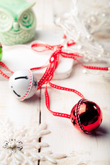 Christmas, New Year balls with ribbon, decorative snowflakes and owl .