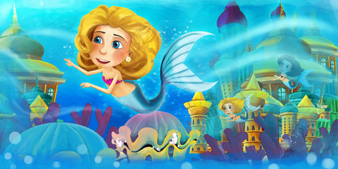 Obraz na płótnie Canvas Cartoon ocean and the mermaid - illustration for the children