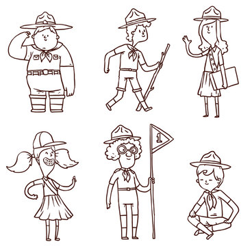 Vector Boy-scouts and girl-scouts. Line cartoon image of four boy-scouts and two girl-scouts in different poses on a white background.