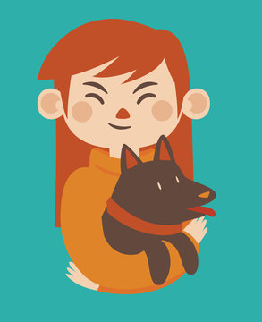 Cartoon Girl Holding her Pet Dog