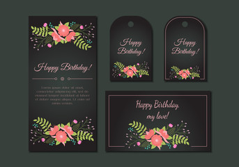 Cute vintage floral cards set. Design composition with flowers and leaves. Beautiful background. For greeting card, invitation, wedding, party, birthday, baby shower, mother's day, valentines. Vector